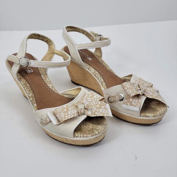 Sperry Floral Bow Tie Adjustable Strappy Wedges White Leather Size 7.5M - Picture 1 of 7